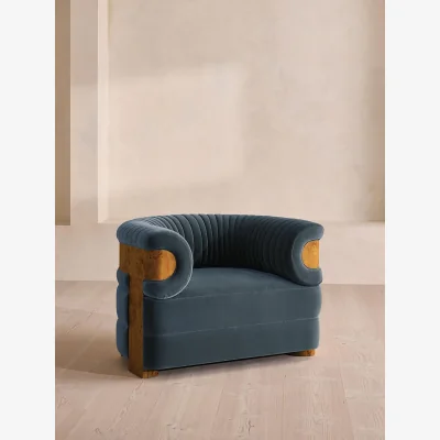 Soho Home Caleb Armchair, Dark Burl, Velvet, Grey Blue, UK