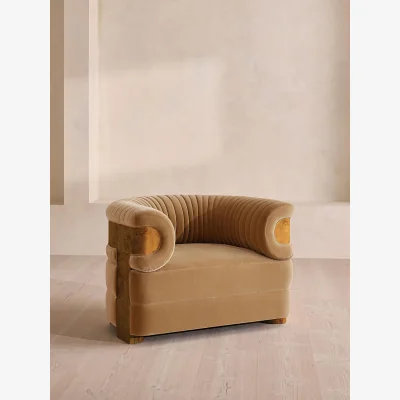 Soho Home Caleb Armchair, Dark Burl, Velvet, Camel, UK