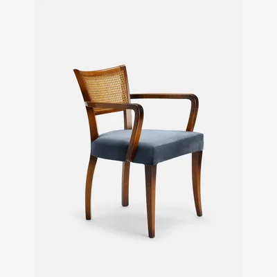 Soho Home Molina Armchair, Cane Back, Velvet Grey Blue