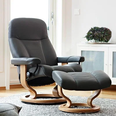 Woods Furniture Stressless Consul Recliner With Classic Base Footstool Small Chair Batick Leather