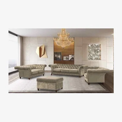 The Range Mia Chesterfield 4 Piece Sofa Set in Velour Fabric - Green