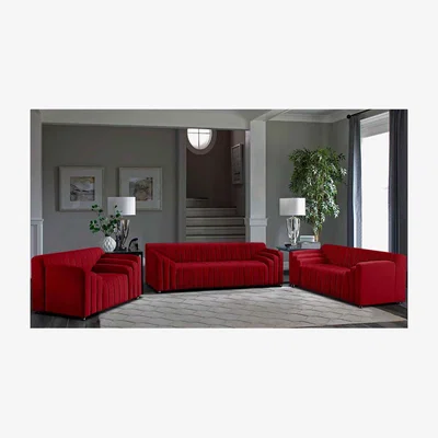 The Range Florisa 3 Piece Flued Sofa Set in Velour Fabric - Red