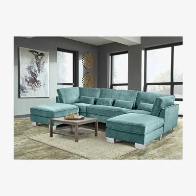 The Range Almora Full Back Corner U Shape Sofa Velour Fabric with 2 Footstools - Seaspray