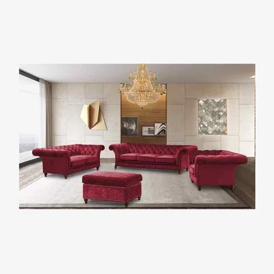 The Range Mia Chesterfield 4 Piece Sofa Set in Velour Fabric - Red