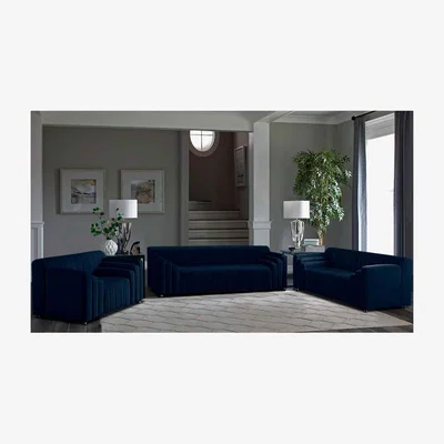 The Range Florisa 3 Piece Flued Sofa Set in Velour Fabric - Blue