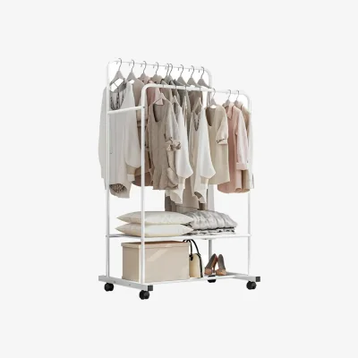 The Range Metal Clothes Rail Open Wardrobe With 2 Storage Shelves and Wheels - White