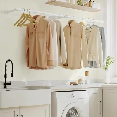 The Range Set of 2 Wall-Mounted Industrial Clothes Rails, Space-Saving Pipe-Style Hanging Storage System - Cloud White