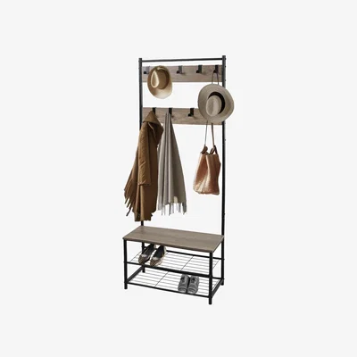 The Range Coat Rack Stand with Shoe Storage Bench 9 Hooks Rustic Finish Entrance Hall - Rustic Light Brown