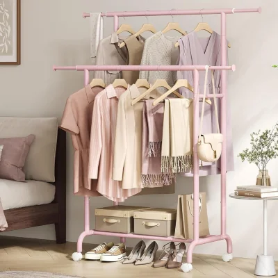 The Range SONGMICS Double Garment Rail with Lockable Wheels - Pink