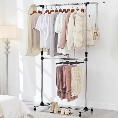 The Range Chrome Double Clothes Rail 2 Tier Adjustable with Wheels - Chrome