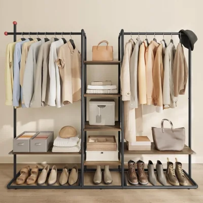 The Range Heavy Duty Clothes Rack 2 Rails 6 Shelves, Walnut & Black - Natural Walnut, Ink Black