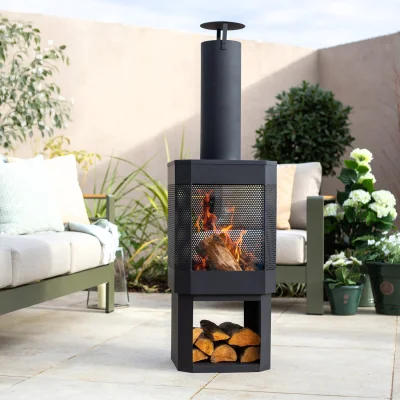 The Range Perforated Chimenea with Log Store - Black