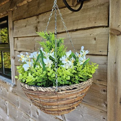 The Range Best Artificial Large 14 inch Mini Daffodil Flower Hanging Outdoor Garden Basket - White Daffodil