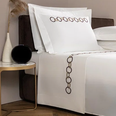 Amara Frette - Links Embroidery Flat Sheet Set - Super King - Amaryllis/ Camel