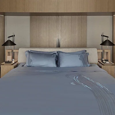 Amara André Fu Living - Art Deco Garden Stoke Embroidered Duvet Set - Midnight Blue - Super King & Fitted Sheet