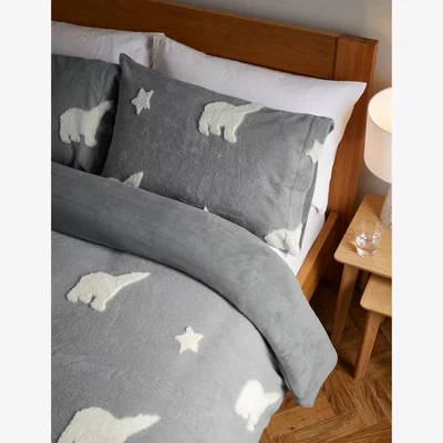 Marks & Spencer M&S Carved Fleece Polar Bear Bedding Set - 6FT - Grey Mix, Grey Mix