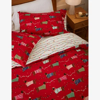 Marks & Spencer M&S Cotton Blend Festive Sausage Dogs Bedding Set - 6FT - Red, Red