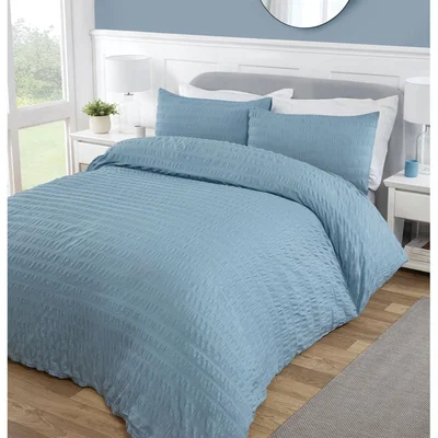 The Range Divante Seersucker Dusky Blue Duvet Cover and Pillowcase Set - Dusty Blue / Super King size