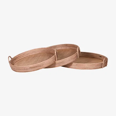 Barker and Stonehouse Set of 3 Round Rattan Trays, Neutral | Barker & Stonehouse