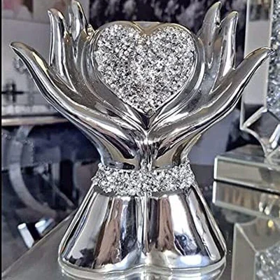 The Range Crushed Crystal Heart In Hands Sparkle Ornament - Silver