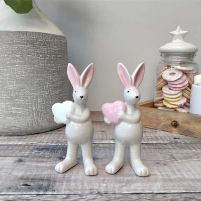 The Range 2 Ceramic Rabbit Ornaments Holding Hearts - White