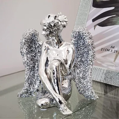 The Range Sitting Angel With Wide Wings Crushed Diamond Ornament - Silver