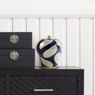 The Range Vanity Living Handmade Ginger Jar with White Leaves - Blue / Medium