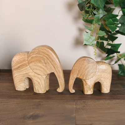 The Range Set of 2 Wood Effect Elephant Ornaments - Natural