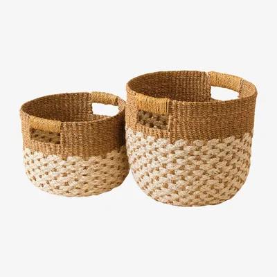 Wolf & Badger Neutrals Golden Brown Round Baskets Set Of Two - Handcrafted Bins Likhâ
