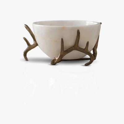 Wolf & Badger White / Brown Handmade White Marble Bowl With Bronze Antler Base | Anatoliacraft