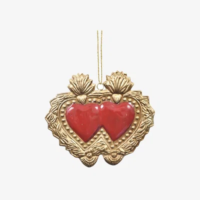 Wolf & Badger Gold / Red Milagro Double Heart With Red Enamel 14X1X12Cm | Lila Rasa