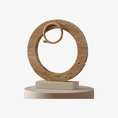 Wolf & Badger Neutrals / Gold Handmade Travertine Circle Sculpture With Gold Serpent Accent | Anatoliacraft