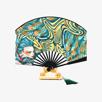 Wolf & Badger Holding Fan With Engraving- Blue Sukiw Design