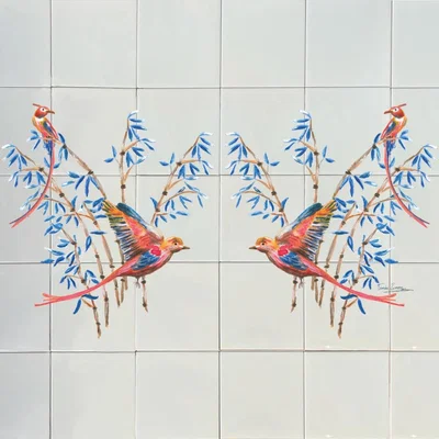 Wolf & Badger White / Blue / Red Backsplash Tiles Bamboo Birds Catchii