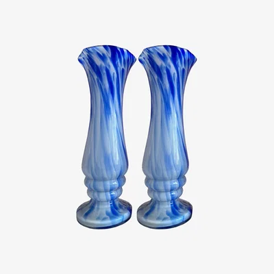 Wolf & Badger Blue / White Pair Of Vintage Pop Art Glass Vases - Blue Quillattire