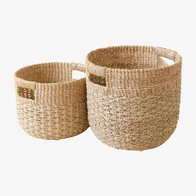 Wolf & Badger Neutrals Grey + Natural Round Bottom Baskets Set Of Two - Woven Baskets Likhâ