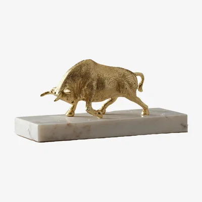 Wolf & Badger Gold Bull Sculpture With White Marble Base – Luxury Symbolic Decor | Anatoliacraft