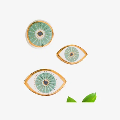 Wolf & Badger Handmade Pure Gold Decorated Ceramic Evil Eye Set Three Pieces - The Green Eye Wall Hanging | One Size | Modeditions