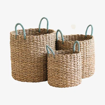 Wolf & Badger Neutrals Seagrass Woven Baskets With Sky Blue Handle - Set Of Three Likhâ