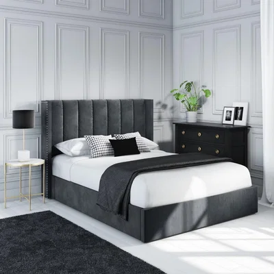Furniture123 Grey Velvet Double Ottoman Bed with Winged Headboard - Maddox