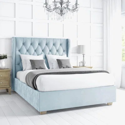 Furniture123 Safina Light Blue Velvet Double Ottoman Bed with Winged Headboard