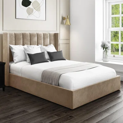 Furniture123 Mink Velvet Double Ottoman Bed with Winged Headboard - Maddox