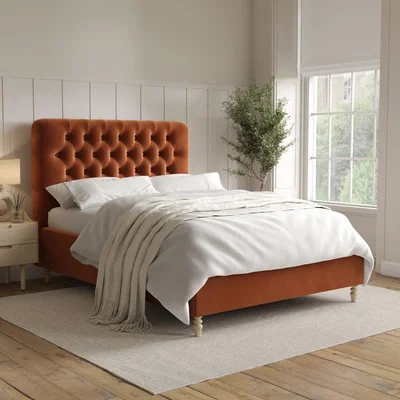 Furniture123 Rust Orange Velvet Double Ottoman Bed with Legs - Pippa