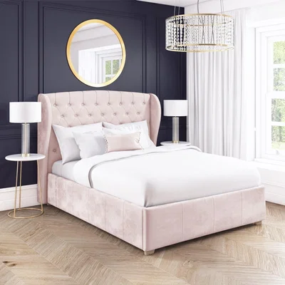 Furniture123 Safina Blush Pink Velvet Double Ottoman Bed with Winged Headboard
