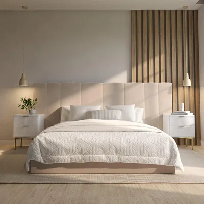 Furniture123 Beige Velvet Double Ottoman Bed with Wide Headboard - Iman