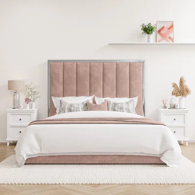 Furniture123 Blush Pink Velvet Double Ottoman Bed with Silver-Trim Headboard - Aaliyah