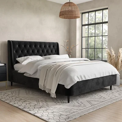 Furniture123 Black Velvet Double Ottoman Bed with Legs - Amara