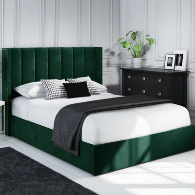 Furniture123 Green Velvet Small Double Ottoman Bed with Winged Headboard - Maddox