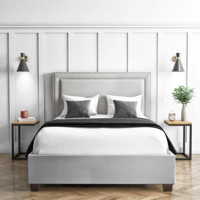 Furniture123 Safina Light Grey Velvet Double Ottoman Bed with Studded Headboard