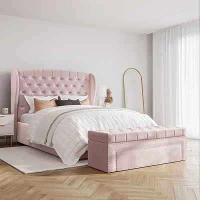 Furniture123 Pink Velvet Double Ottoman Bed with Matching Blanket Box